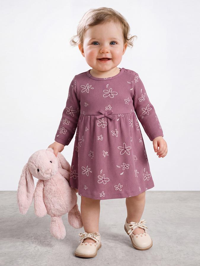 R&B Girl Dusty Pink Round Neck Printed Dress