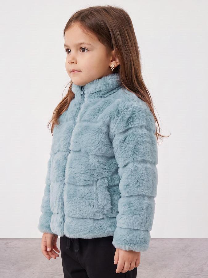 R&B Girls Teal Self Design Mock Collar Long Sleeves Fur Jacket