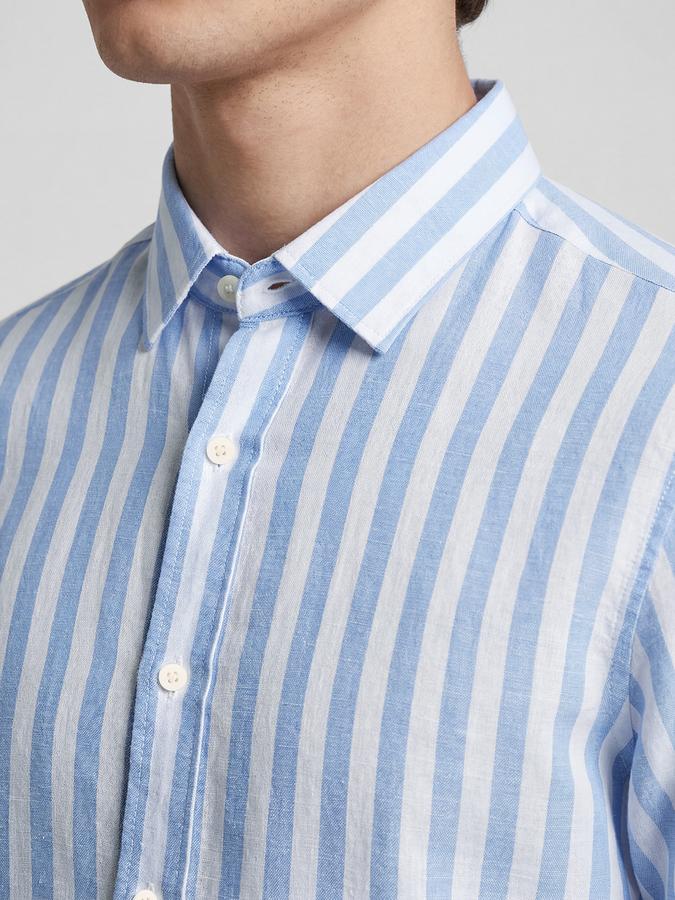 R&B Blue Striped Men Spread Collar Long Sleeves Shirt