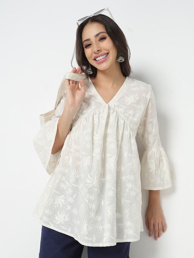 Women's schiffli gathered v-neck tunic with flared sleeves 