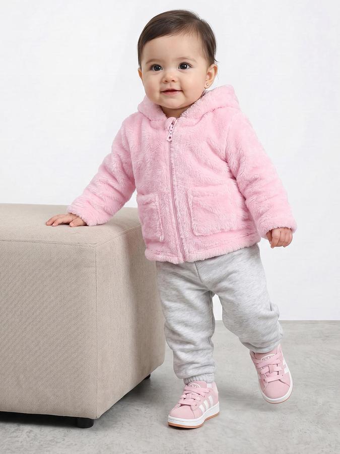 R&B Girls Pink Solid Hooded Long Sleeves Fur Jacket