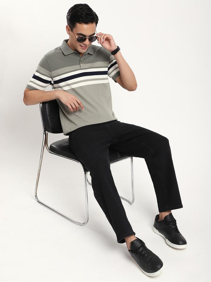 Men Cotton Blend Slim Fit Polo Neck Striped T-shirt