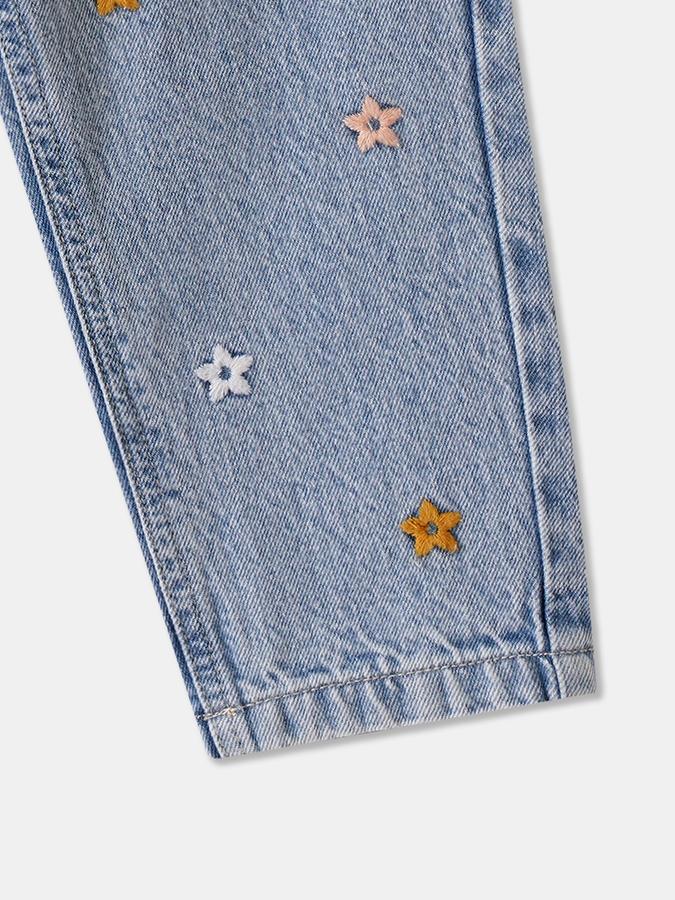 Girls Denim Regular Fit Button Waist Embroidered Jeans