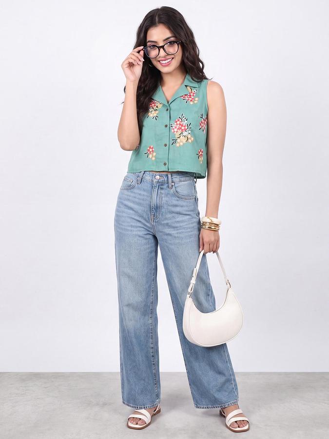 R&B Womens Green Sleeveless Floral Embroidered Shirt Collar Crop Top