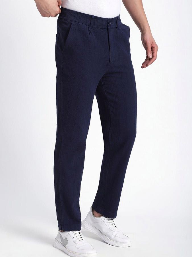 R&B Men Navy Self Design Regular Fit Trousers