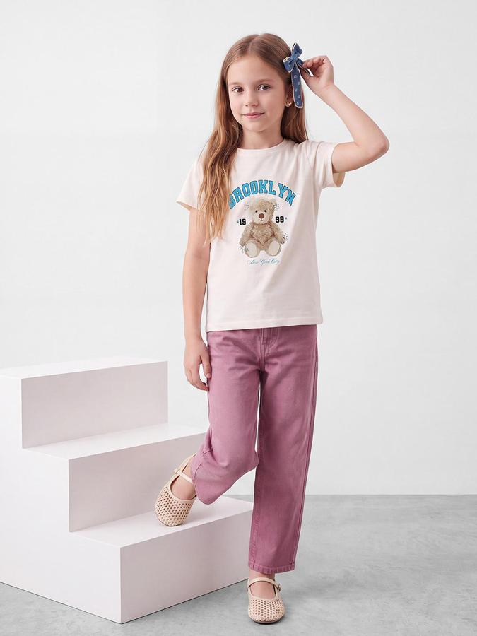 R&B Girls Egret Cream Graphic Print Short Sleeves Round Neck Pure Cotton T-Shirt