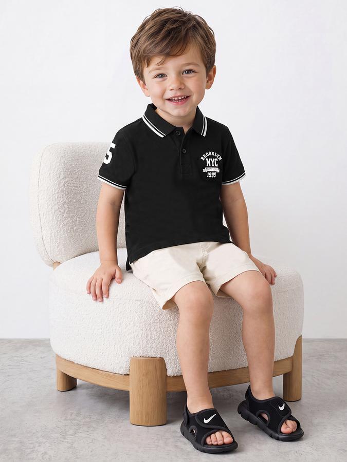 R&B Boys Black Typographic Print Short Sleeves Tipping Polo Collar Tshirt