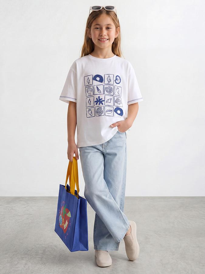R&B Girls White Regular Fit Graphic Print Short Sleeve T-shirt