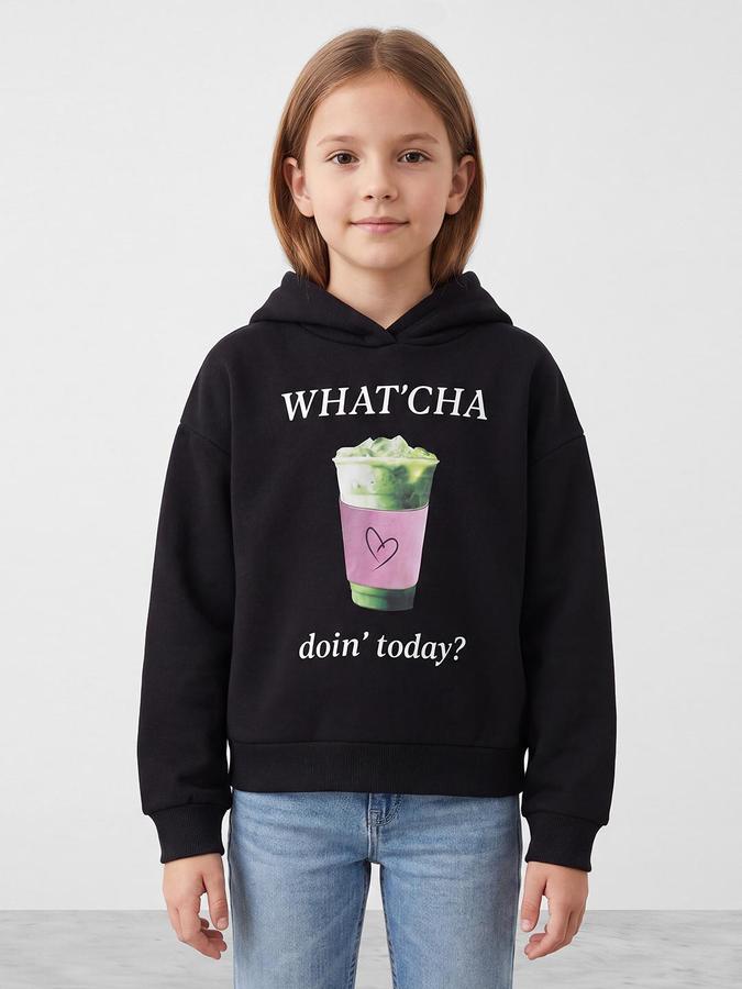 R&B Girls Black Graphic Print Long Sleeves Hooded Sweatshirt