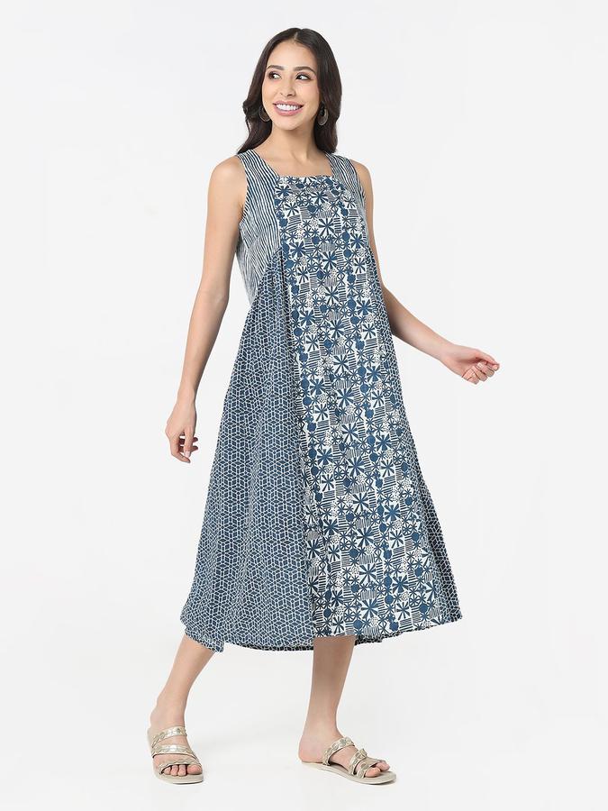 R&B Women Blue Paneled Sleeveless Square Neck Midi A-Line Dress