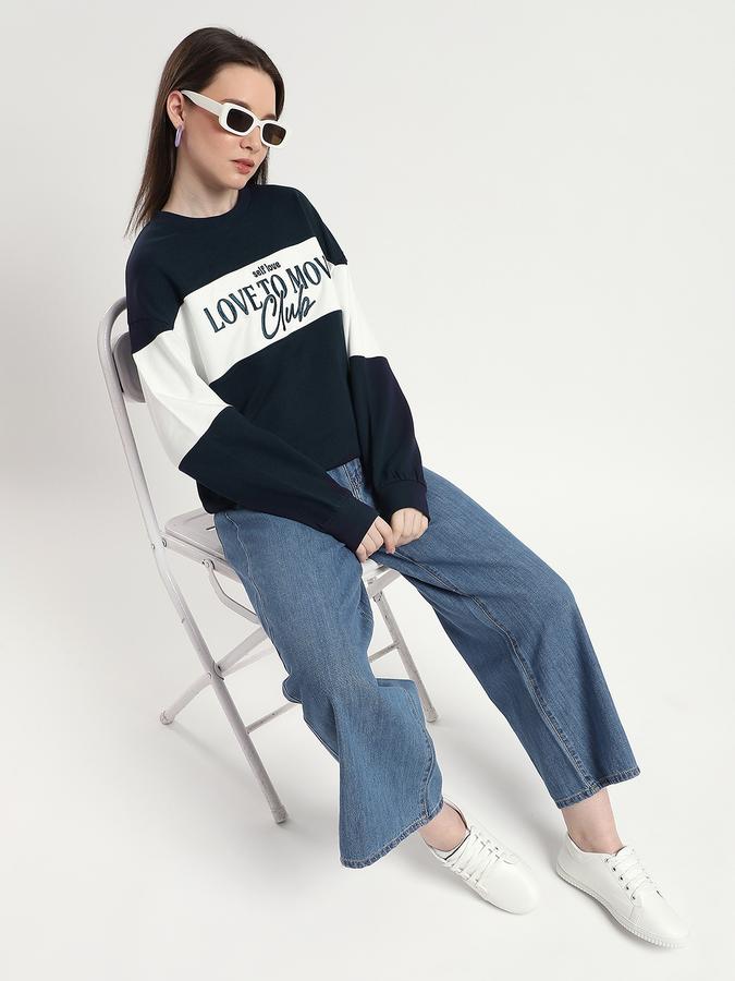 Women Cotton Relaxed Fit Round Neck Color Block Sweatshirt