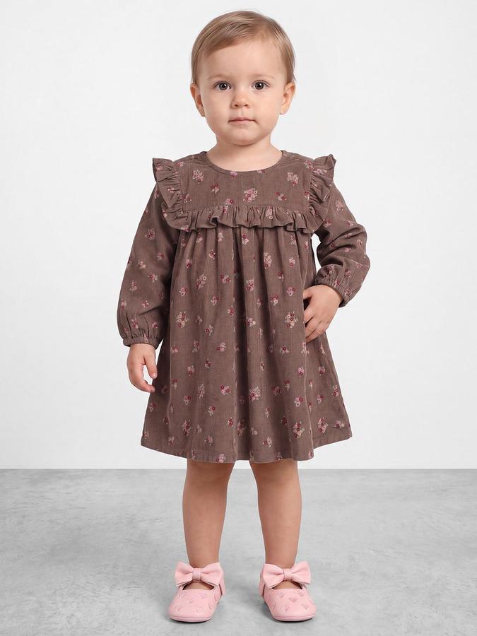 R&B Girls Brown Floral Print Round Neck Bishop Sleeves A-Line Dress