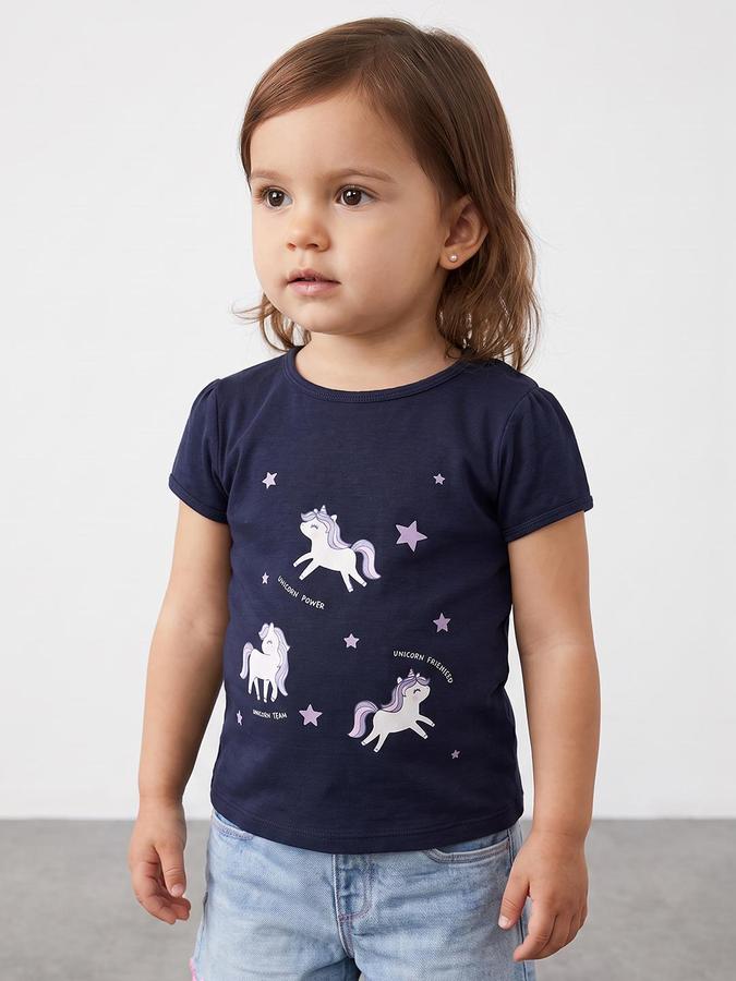 R&B Girls Navy Unicorn Print Short Sleeves Round Neck Pure Cotton T-Shirt