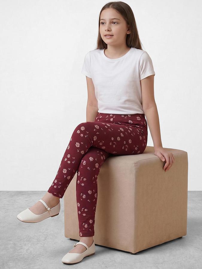 R&B Girl's Maroon Floral Printed Cotton Leggings