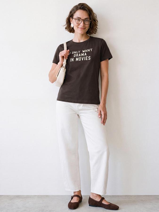 R&B Women Brown Short Sleeve Round Neck Typography Graphic Print T-Shirt