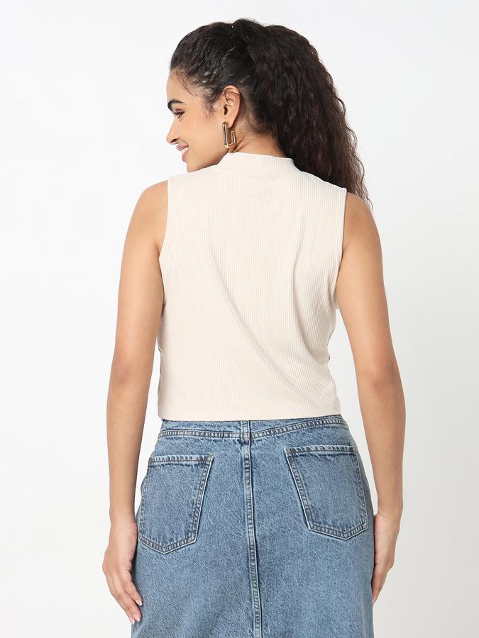 R&B Women Beige Solid Sleeveless Ribbed Top