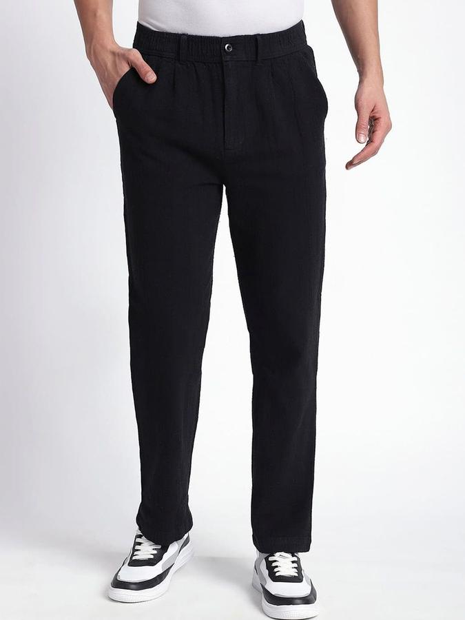 R&B Men Black Solid Regular Fit Trousers