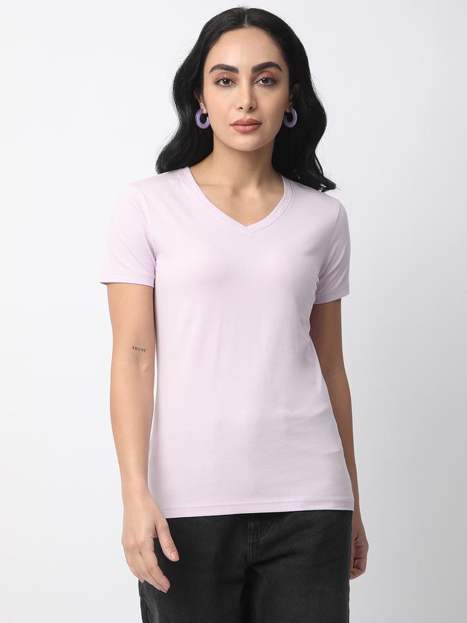 R&B Women Lavender Solid Fitted T-Shirt