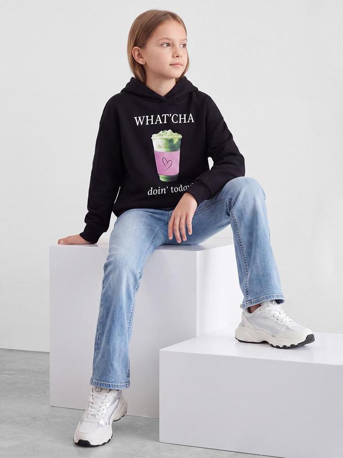 R&B Girls Black Graphic Print Long Sleeves Hooded Sweatshirt