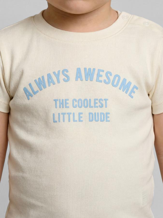 R&B White Graphic Print Boys Round Neck Regular Fit Short Sleeves T-Shirt 