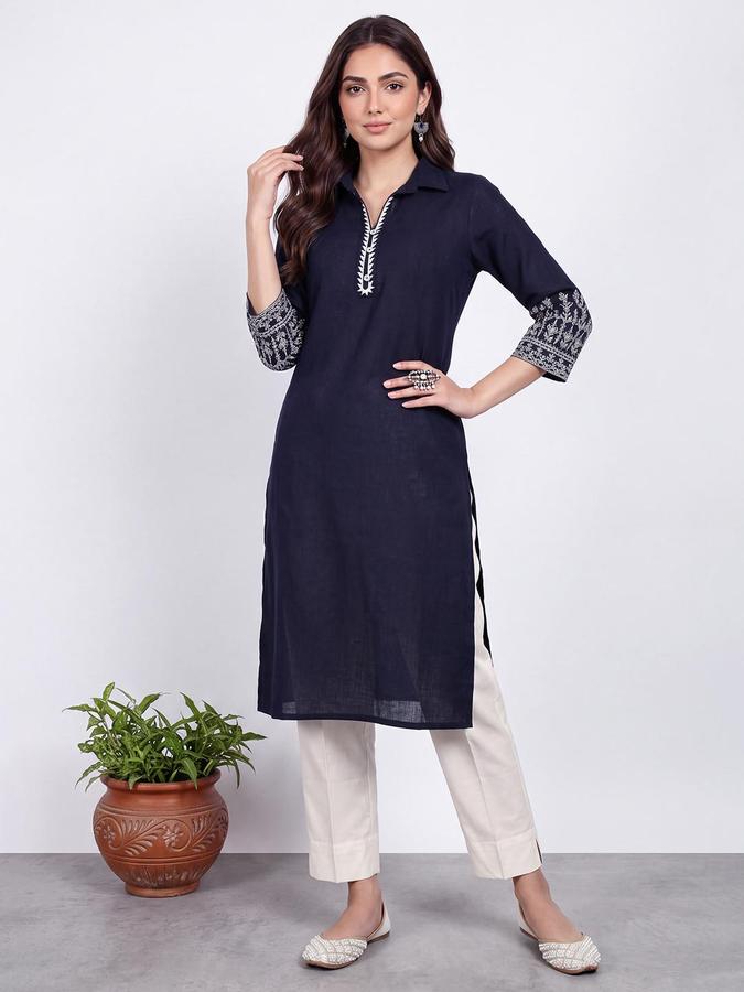 R&B Women Navy Blue Floral Embriodery Shirt Collar Three-Quarter Sleeves Straight Kurta