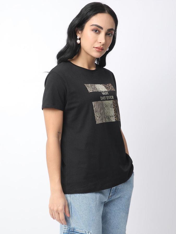 R&B Womens Black Graphic Print Round Neck Short Sleeves T-shirt