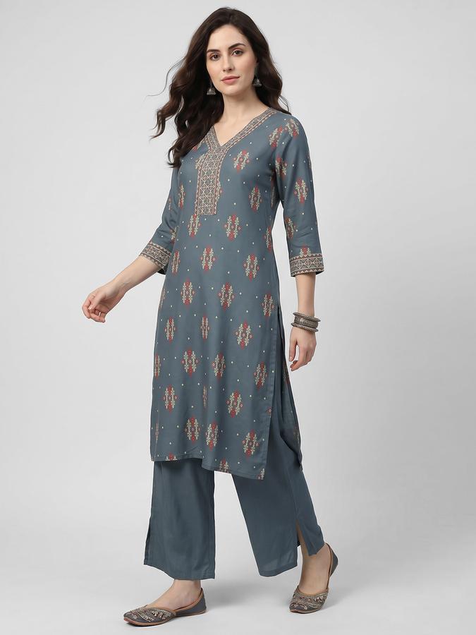 R&B Grey Printed Women Three-Quarter Sleeves V-Neck Kurta