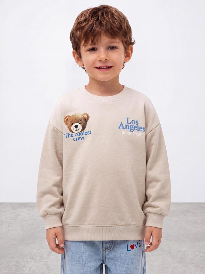 R&B Boys Beige Front & Back Teddy Print Round Neck Long Sleeves Regular Fit Sweatshirt