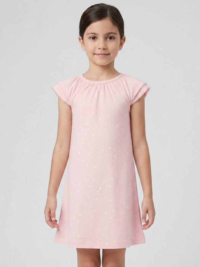 R&B Peach Printed Girls Round Neck Short Sleeves Dresses