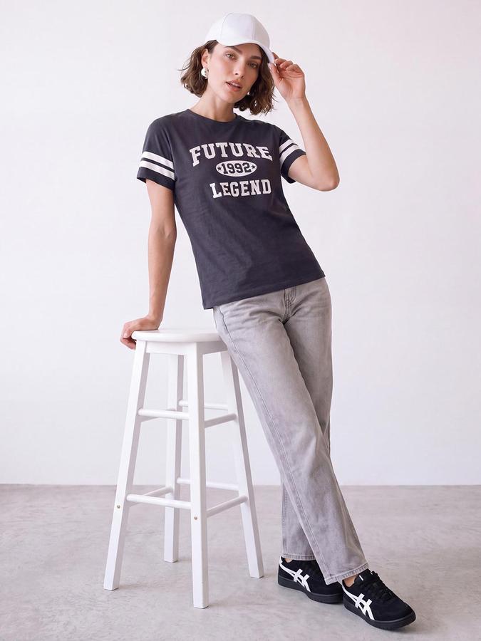 R&B Women Grey Short Sleeve Round Neck Typography Graphic Print T-Shirt