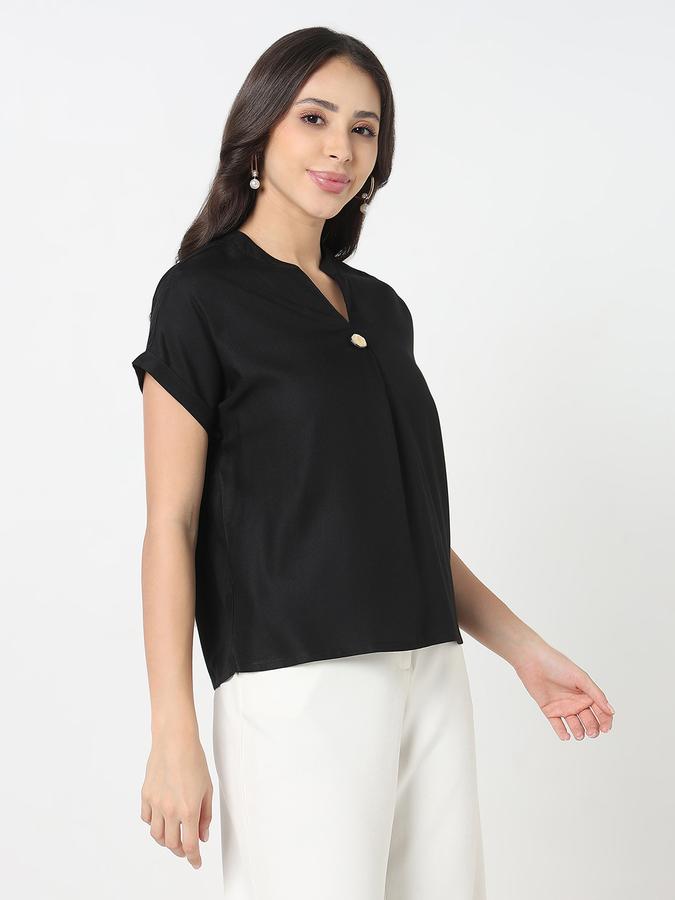 Women Viscose Relaxed Fit Mandarin Collar Solid Top