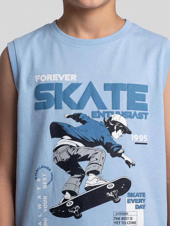 R&B Blue Graphic Print Boys Round Neck Regular Fit Sleeveless T-Shirt 