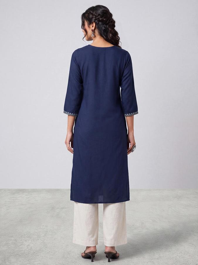 R&B Women Navy Blue Floral Embroidery Round Neck Three-Quarter Sleeves Ethinic Kurta