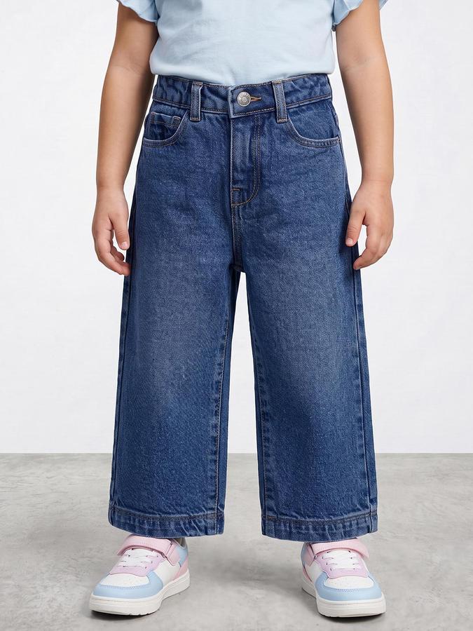 R&B Girls Dark Blue Wide Leg Mid-Rise Denim Jeans
