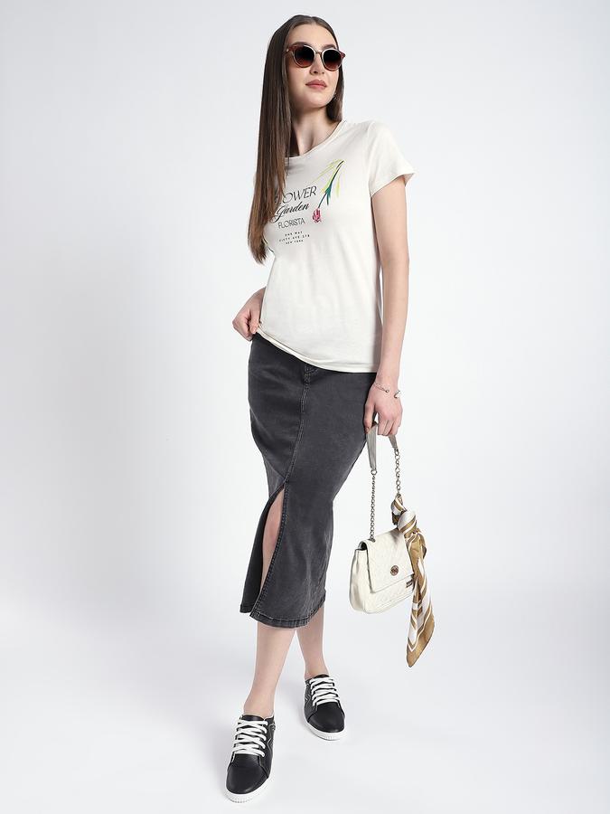 R&B Women Off White Floral Graphic Print Typography T-Shirt