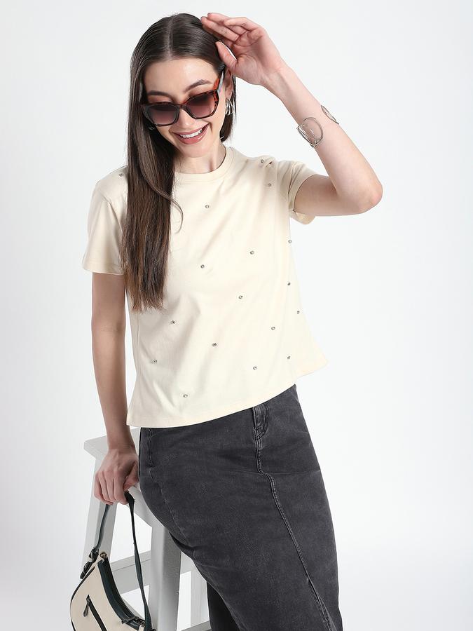 Women Cotton Regular Fit Crew Neck Embroidered T-shirt