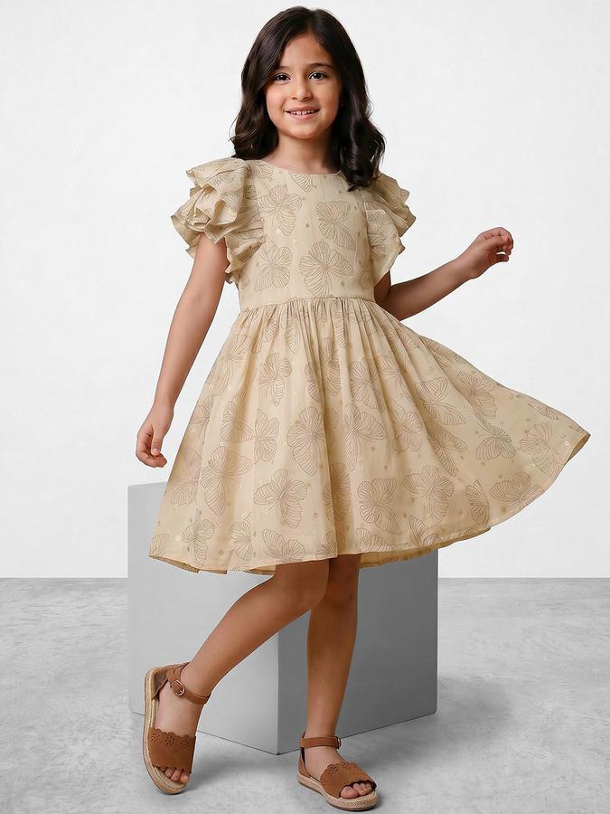 R&B Beige Viscose Printed Girls Dresses