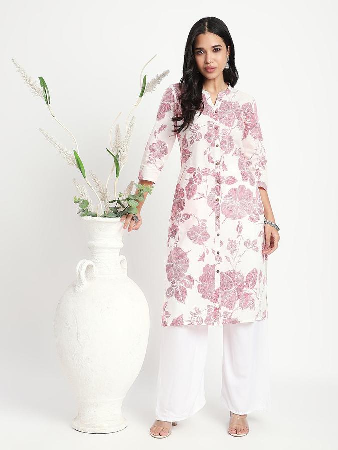 R&B Women Pink Floral Print V-Neck Knee Length Pure Cotton Ethnic Kurta