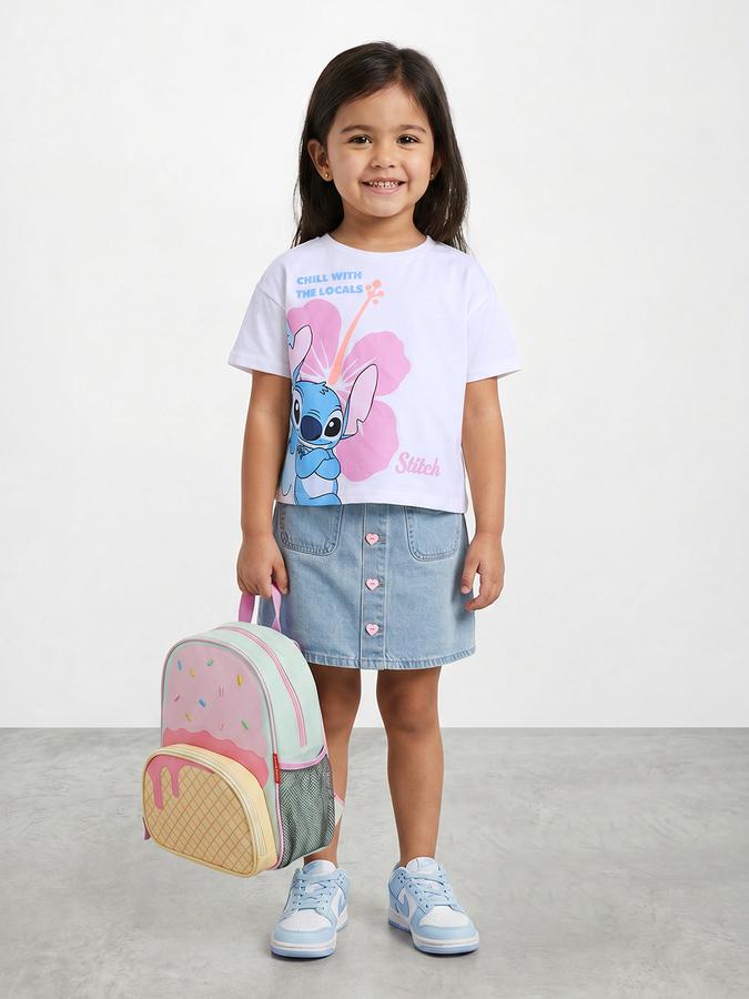 R&B Girls White Regular Fit Stitch Printed Short Sleeve T-shirt
