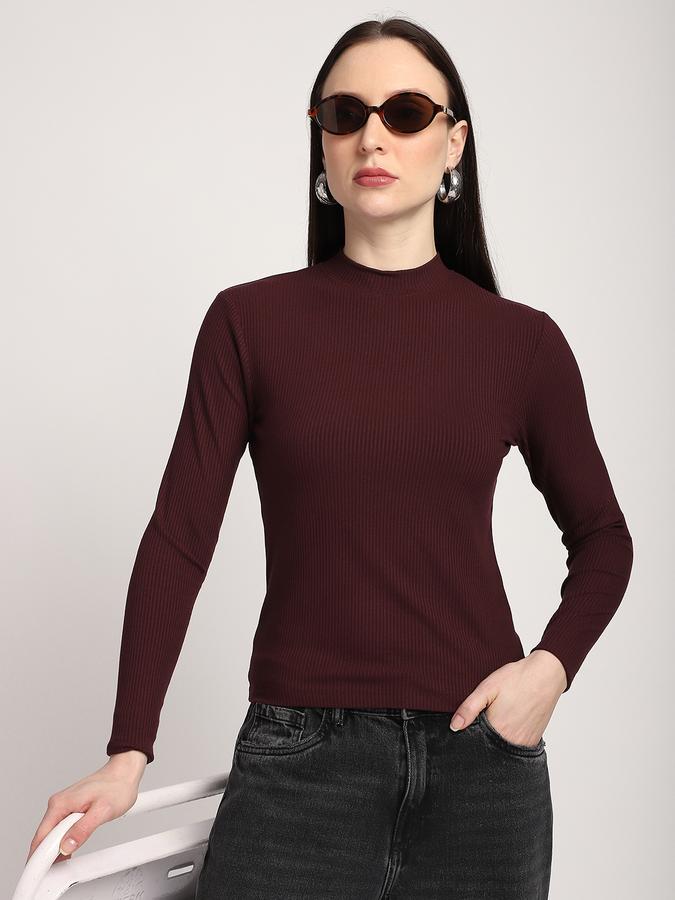 R&B Women Wine Solid Ribbed Top
