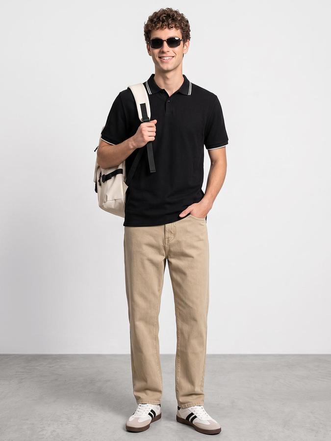 R&B Men Black Textured Short Sleeves Polo Collar T-Shirt