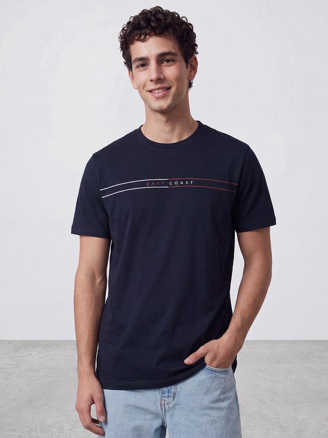 R&B Men Navy Blue Typographic Print Short Sleeves Pure Cotton Tshirt