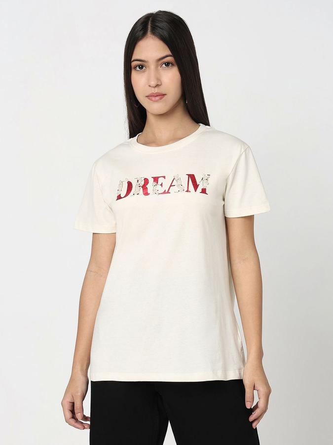 R&B Womens Off White Typography Printed  Round Neck Short Sleeves T-shirt