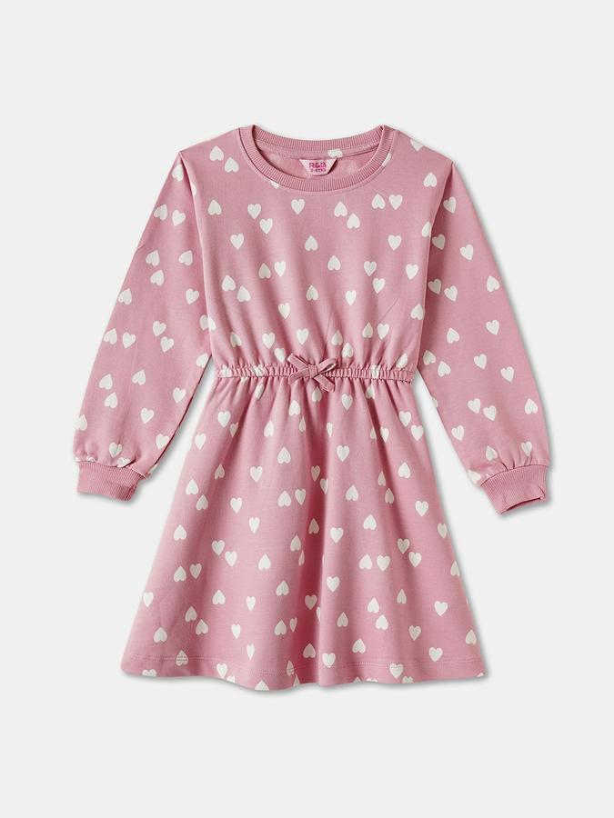 R&B Girls Pink Printed Full Sleeves Round Neck Knee Length Fit &amp; Flare Dress