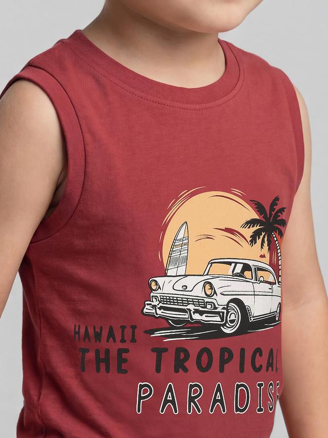 R&B Red Graphic Print Boys Round Neck Regular Fit Sleeveless T-Shirt 