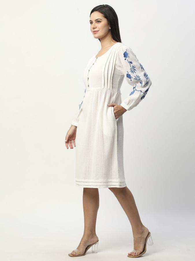 R&B Women White Self Design Long Sleeves Round Neck Knee Length Fit &amp; Flare Dress
