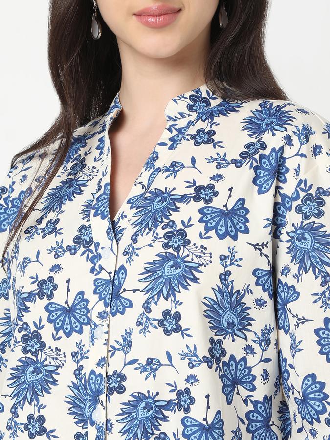 Women Cotton Regular Fit Mandarin Collar Floral Top
