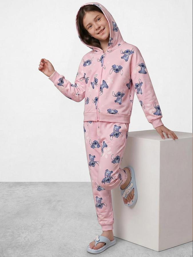 R&B Girls Pink Printed Long Sleeves Hooded Neck Sweatshirt& Joggers Set 