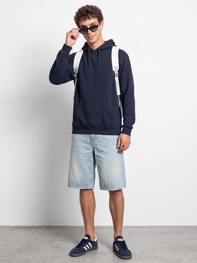 R&B Men Dark Blue Solid Hooded Long Sleeves Sweatshirt