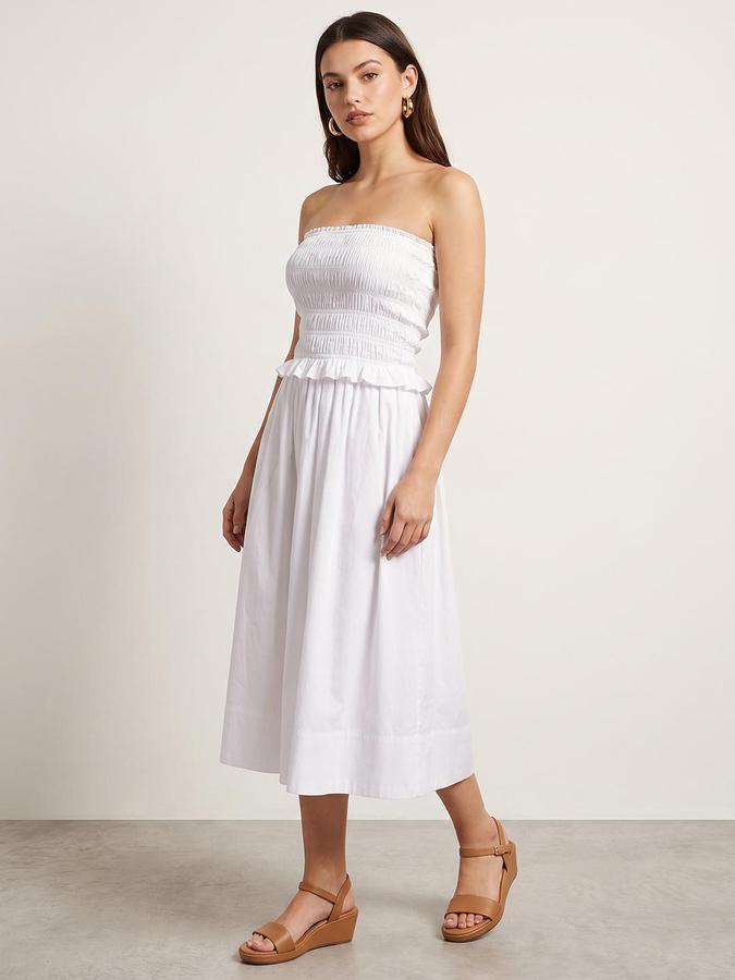 R&B Women White Solid Smocked Strapless Bandeau Dress